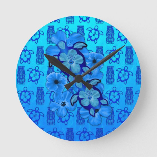 Blue Hibiscus Honu Turtles Tiki Round Clock (Front)