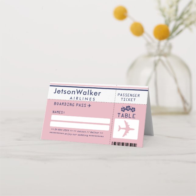 Blue Hibiscus & Pink Airline Ticket Guest Seating Place Card (Front)