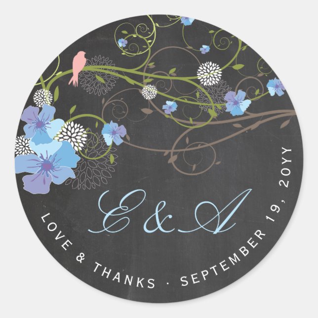 Blue Hibiscus & Swallows Floral Chalkboard Wedding Classic Round Sticker (Front)