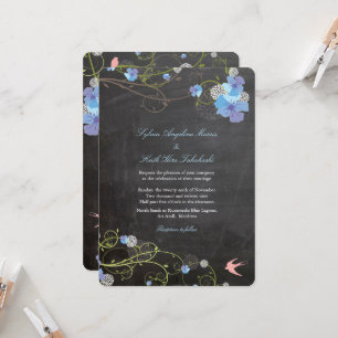 Blue Hibiscus & Swallows Floral Chalkboard Wedding Invitation