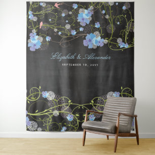 Blue Hibiscus & Swallows Floral Wedding Backdrop Tapestry