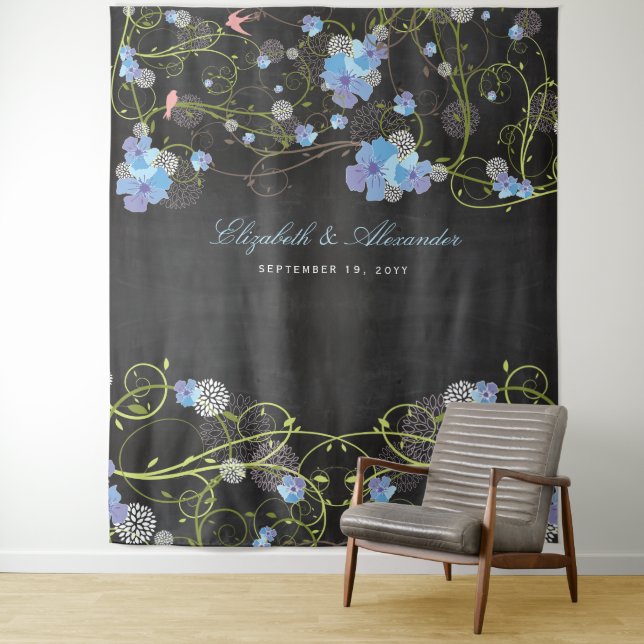 Blue Hibiscus & Swallows Floral Wedding Backdrop Tapestry (In Situ)