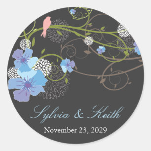 Blue Hibiscus Swirls & Swallows Floral Wedding Classic Round Sticker