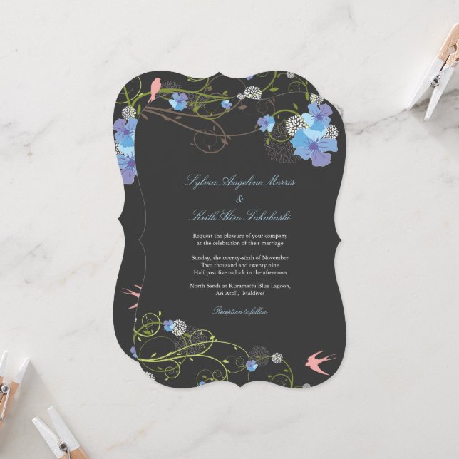 Blue Hibiscus Swirls & Swallows Floral Wedding Invitation (Front/Back In Situ)