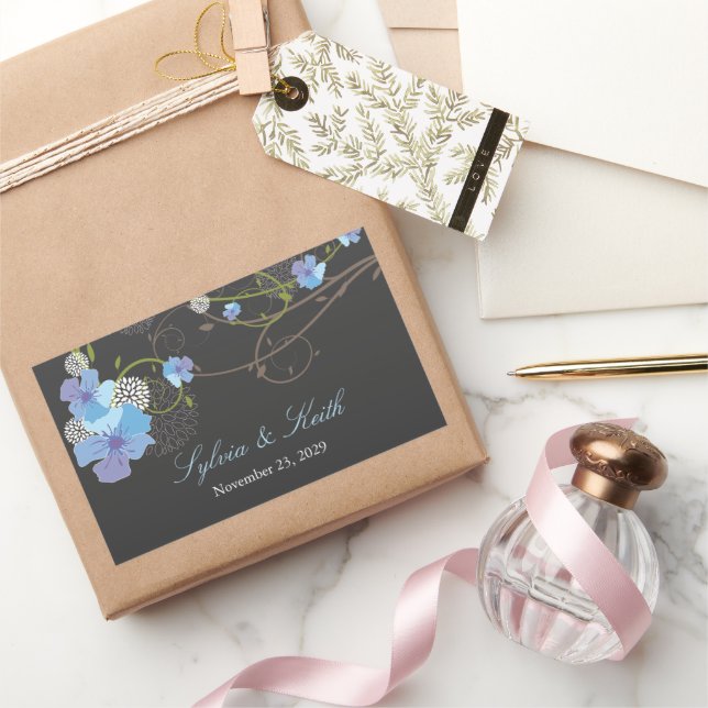 Blue Hibiscus Swirls & Swallows Floral Wedding Rectangular Sticker (Gifting)