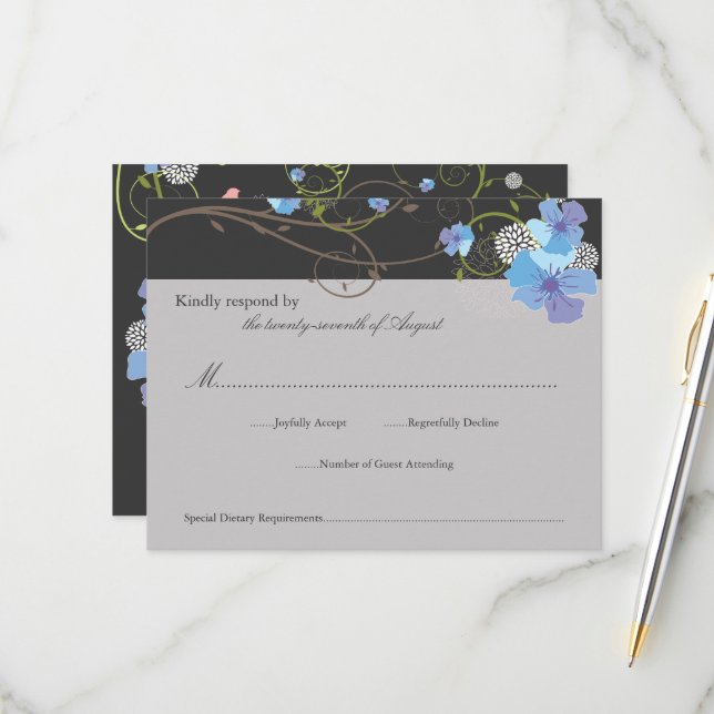 Blue Hibiscus Swirls & Swallows Floral Wedding RSVP Card (Front/Back In Situ)