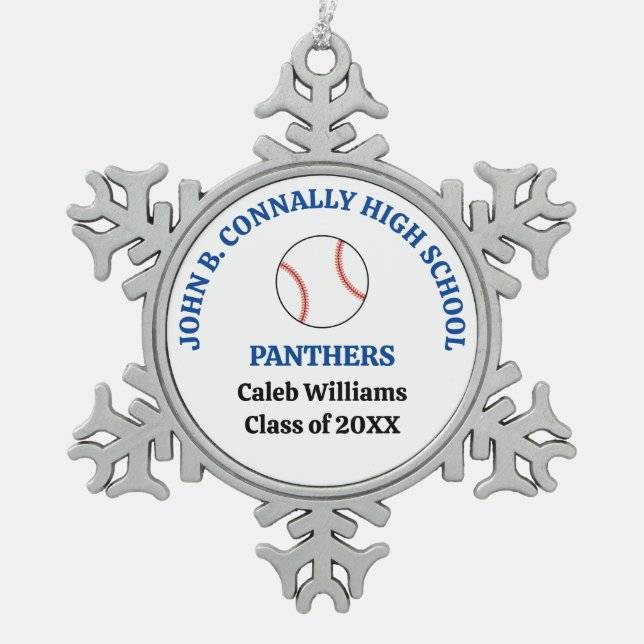 Blue High School Baseball Player Personalised Snowflake Pewter Christmas Ornament (Front)