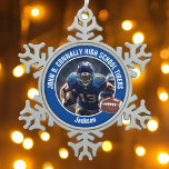 Blue High School Football Player Photo Custom Snowflake Pewter Christmas Ornament<br><div class="desc">This cool customised high school football player photo Christmas ornament in blue features white typography of your team and player name. Personalise with your athlete name next to the ball.</div>