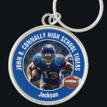 Blue High School Football Player Photo Key Ring<br><div class="desc">This cool customised blue high school football player photo keychain features white typography of your team and player name. Personalise with your athlete name next to the ball.</div>