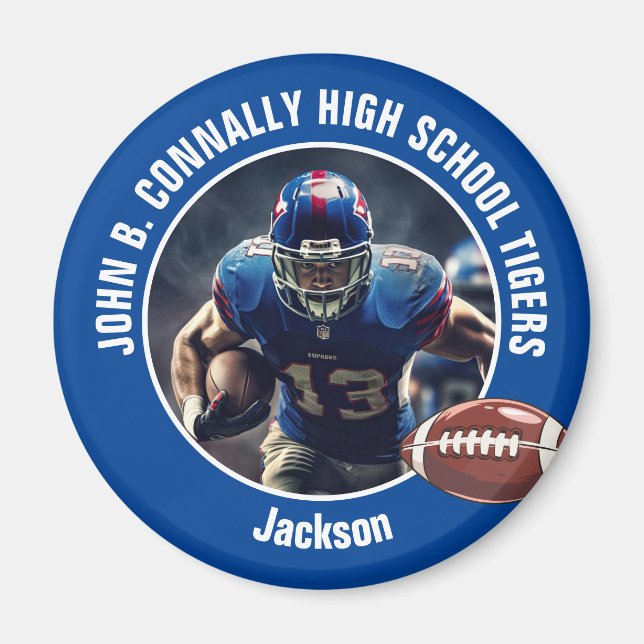 Blue High School Football Player Photo Magnet (Front)