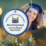 Blue High School Marching Band Custom Christmas Ceramic Tree Decoration<br><div class="desc">This modern custom blue high school marching band Christmas ornament features the student and band name under the drums. Customise for symphonic,  wind ensemble,  or concert band members or their director for a great graduation keepsake gift.</div>