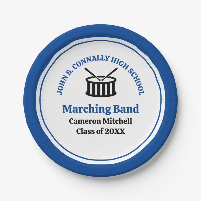 Blue High School Marching Band Graduation Party Paper Plate (Front)