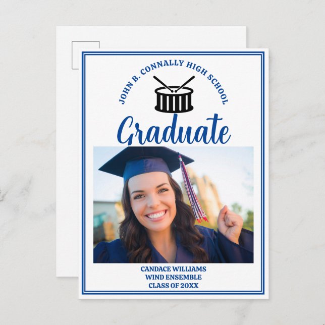 Blue High School Marching Band Graduation Photo Announcement Postcard (Front/Back)