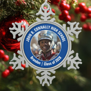 Blue High School Marching Band Photo Gift Snowflake Pewter Christmas Ornament