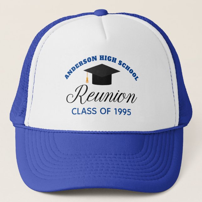 Blue High School Reunion Party Custom Alumni Trucker Hat (Front)