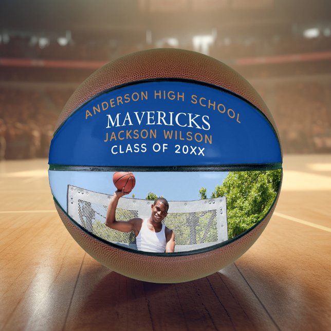 Blue High School Team Player Photo Personalised Basketball (Creator Uploaded)