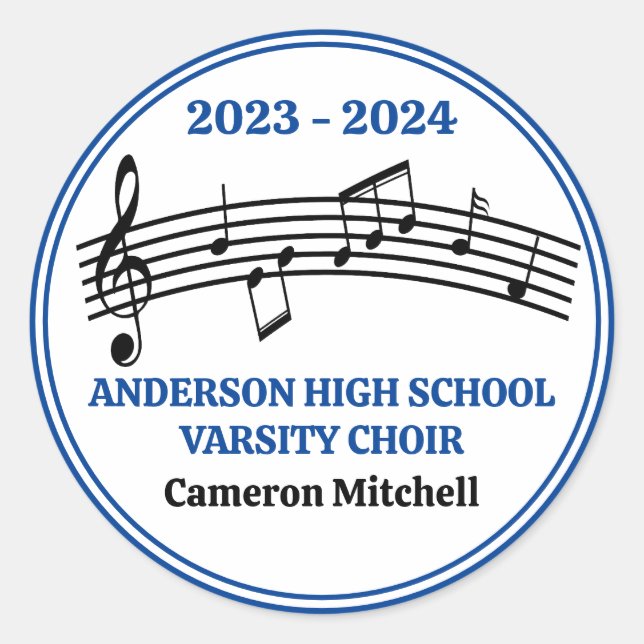 Blue High School Varsity Choir Custom Party Classic Round Sticker (Front)