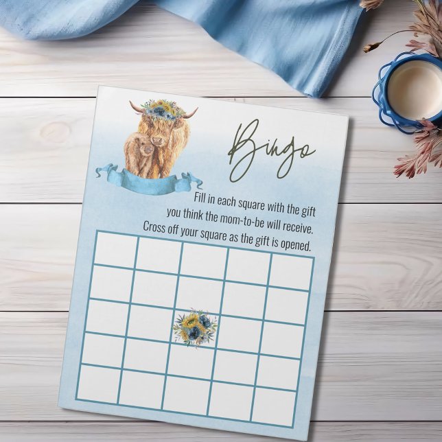 Blue Highland Cow Baby Shower Bingo Game  Notepad (Creator Uploaded)