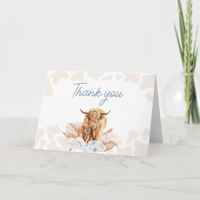 Blue Highland Cow Baby Shower  Thank You Card (Front)