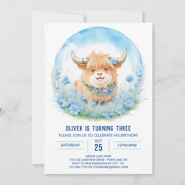 Blue Highland Cow Bash Kids Birthday Invitation (Front)