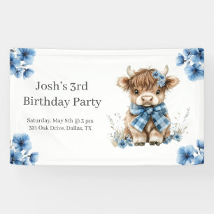 Blue Highland Cow Birthday Party Banner