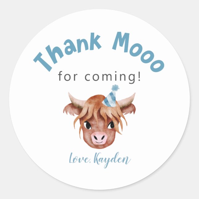 Blue Highland Cow Birthday Party Favour  Classic Round Sticker (Front)