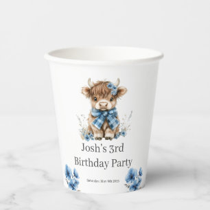 Blue Highland Cow Birthday Party Paper Cups