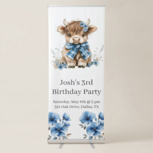Blue Highland Cow Birthday Party Retractable Banner