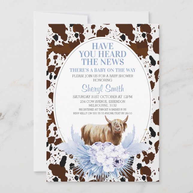 Blue Highland Cow Boho Floral Baby Shower Invitation (Front)