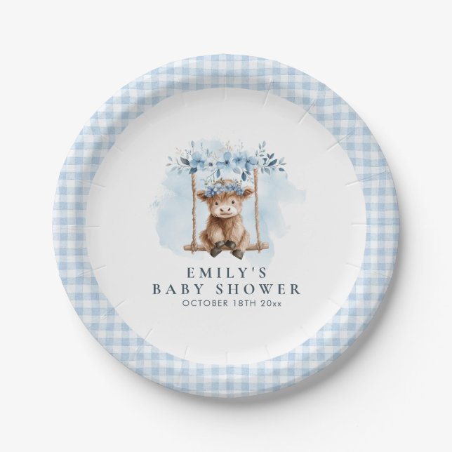 Blue Highland Cow Boy Baby Shower Paper Plate (Front)