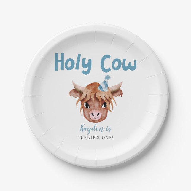 Blue Highland Cow Boy's Birthday Party  Paper Plate (Front)