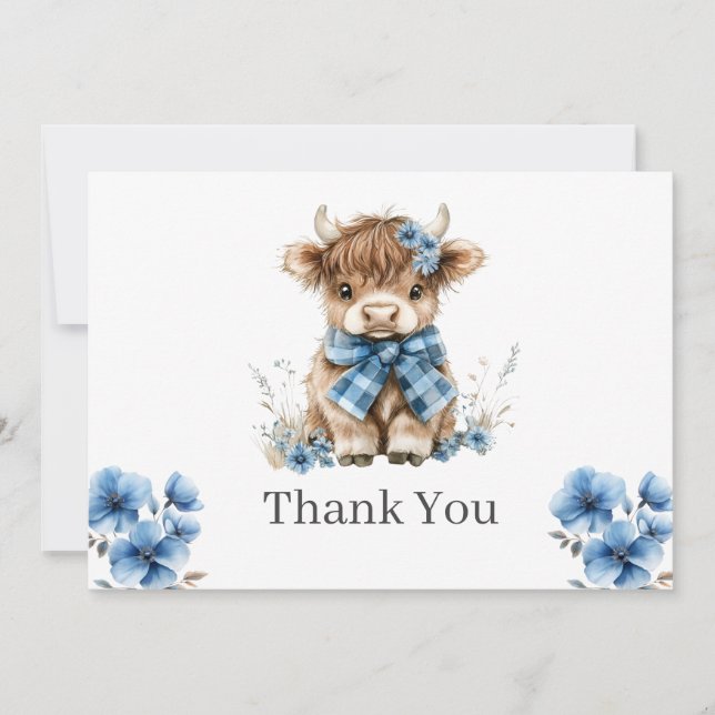 Blue Highland Cow Flat Thank You Card (Front)
