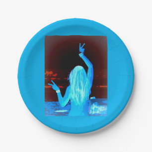 blue hippie girl peace sign paper plate