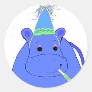 Blue Hippo Birthday Classic Round Sticker