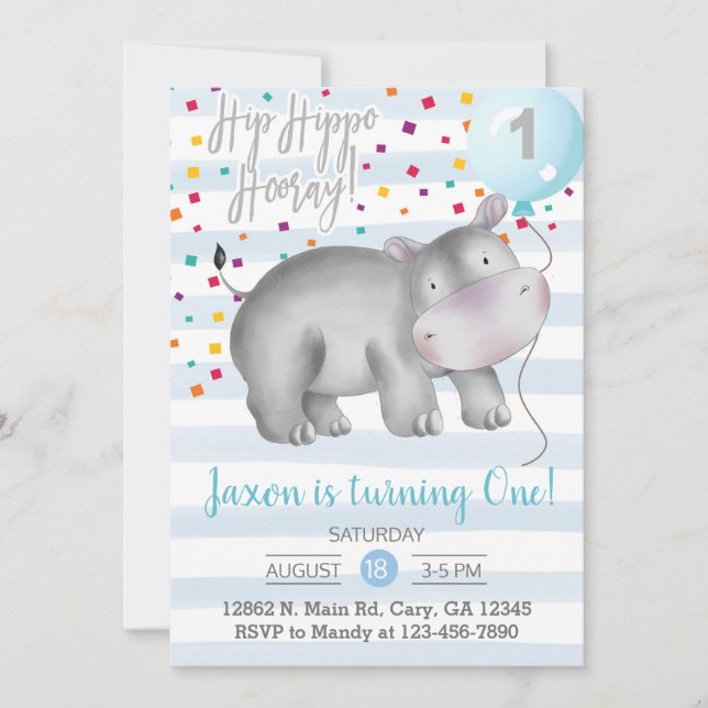 Blue hippo boy 1st first birthday invitation. invitation (Front)