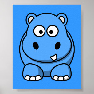 blue-hippo- cute cartoon wild animal happy fun poster