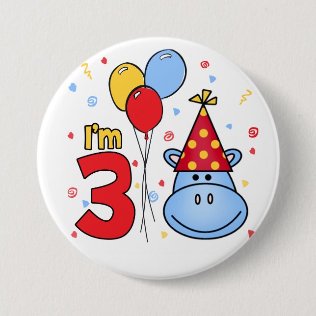 Blue Hippo Face 3rd Birthday Pinback Button (Front)