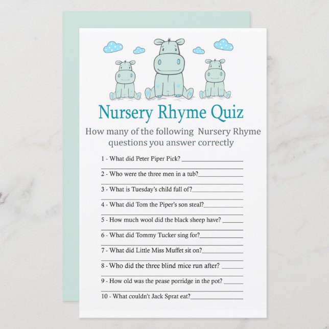 Blue Hippo Nursery Rhyme Quiz baby shower game (Front/Back)