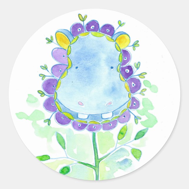 Blue Hippo Watercolor Flower Classic Round Sticker (Front)