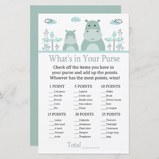 Blue Hippo What's in your purse game (Front/Back)