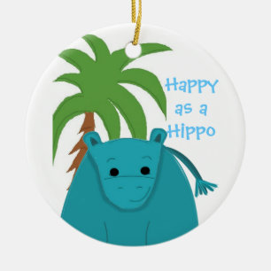 Blue Hippopotamus with a Palm Tree Ceramic Tree Decoration