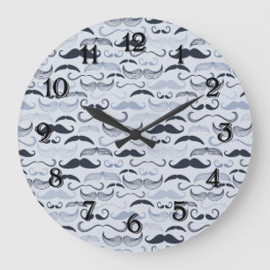 Blue Hipster Moustaches Large Clock