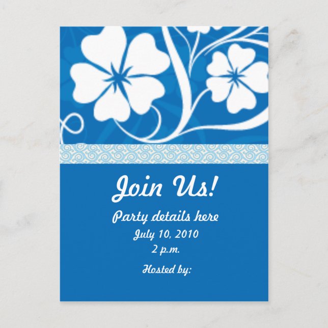 Blue Hisbiscus Party Invitation Postcard (Front)