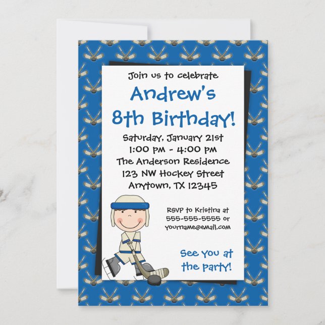 Blue Hockey Birthday Invitations (Front)