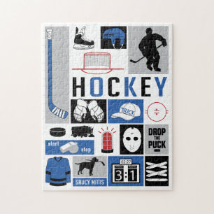 Blue Hockey Elements Stick Puck Player Jigsaw Puzzle