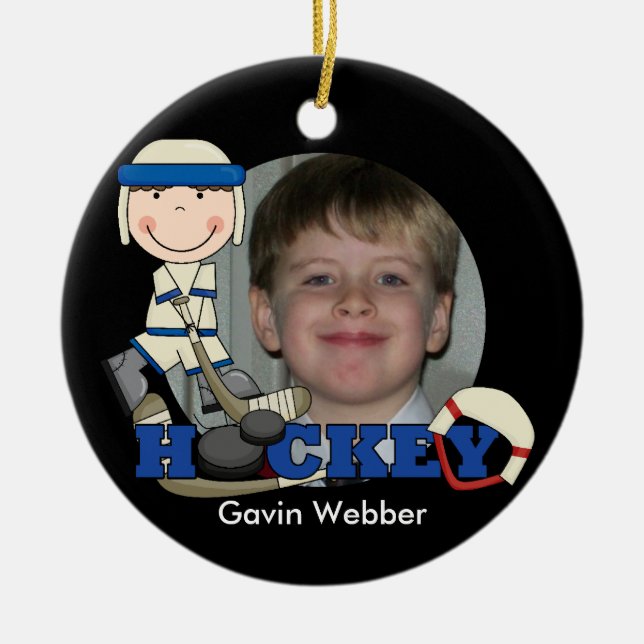 Blue Hockey Player Photo Ornament (Front)