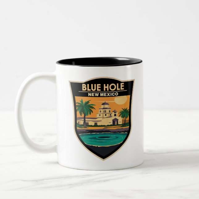 Blue Hole New Mexico Travel Art Badge Two-Tone Coffee Mug (Left)