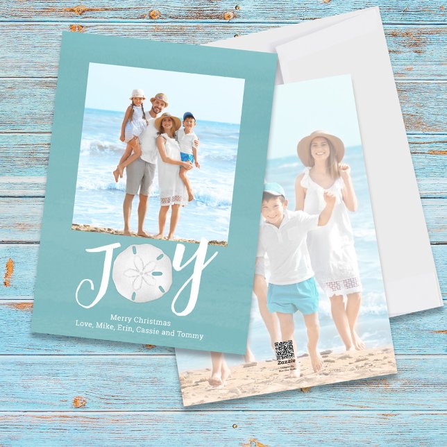 Blue Holiday Christmas Photo Watercolor Beach  (Christmas Holiday Joy Creative Typography Beach Photo Card with a two-photo template.)