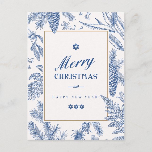 Blue Holiday Floral | Photo Holiday Card (Front)