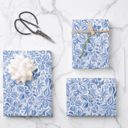 Blue Holiday Floral Wrapping Paper Sheet